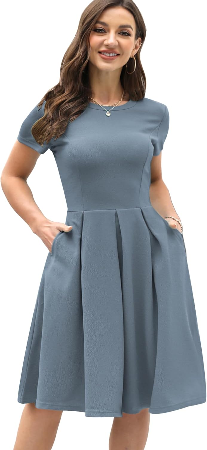 Oxiuly Women's Vintage Half Sleeve O-Neck Swing Dress with Pockets