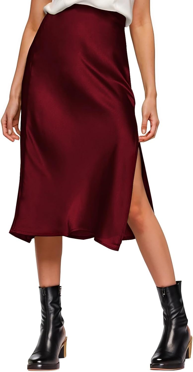 Womens Satin Silk High Waist Slit Midi Skirt for Every Occasion