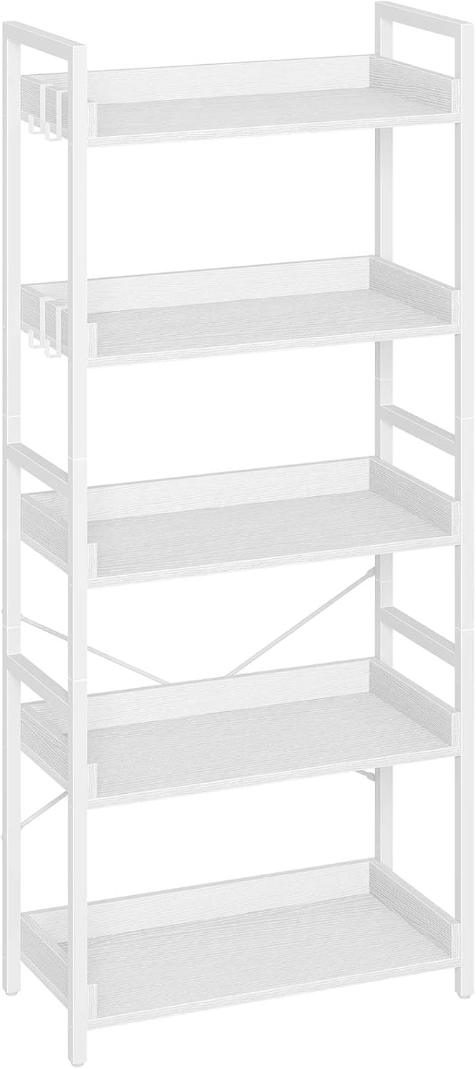 Rolanstar 5 Tier Industrial Wood Bookshelf with Hooks for Storage