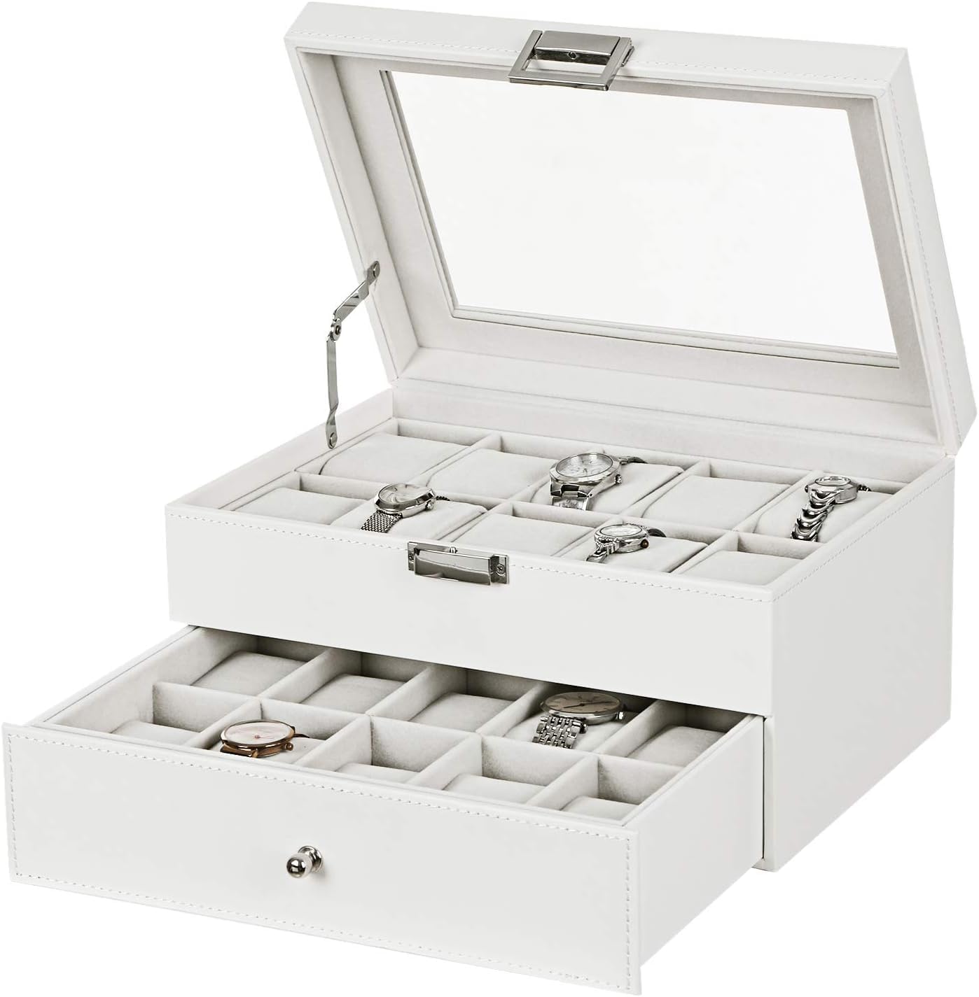 Stylish 20-Slot Watch Organizer - White Leather