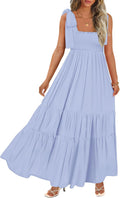Women's Boho Maxi Dress with Square Neck - Flowy Smocked Sun Dress