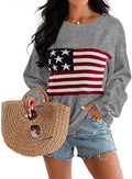 American Flag Sweater Knit Long Sleeve Crew Neck Pullover - Soft