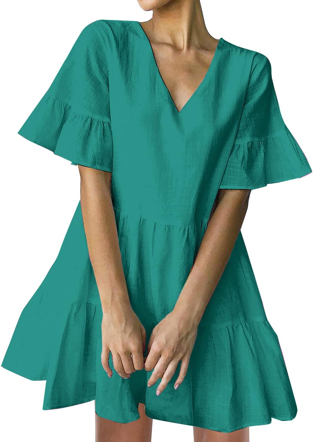 FANCYINN Womens V Neck Cute Shift Dress with Pockets and Ruffles