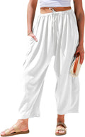 Womens Linen Wide Leg Pants Casual Loose Drawstring - Beach Ready is