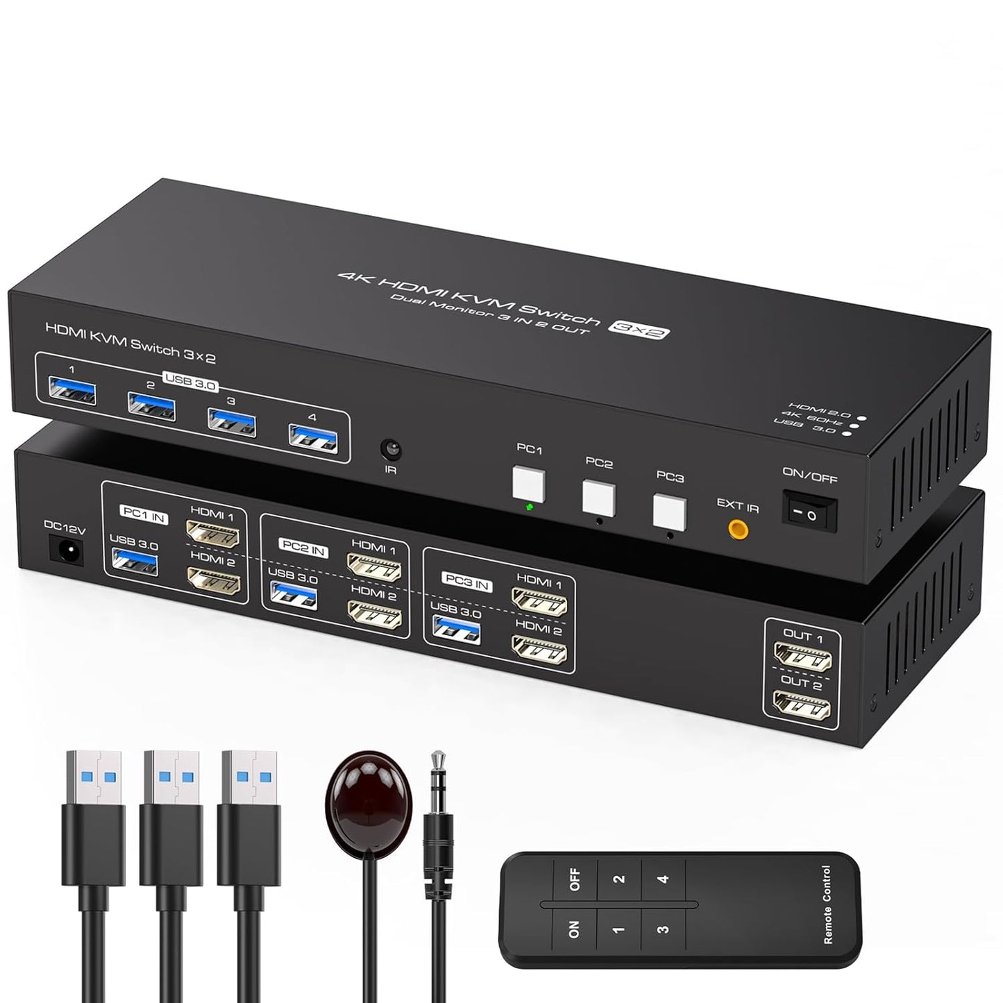 HDMI KVM Switch for 2 Monitors and 3 Computers with USB3.0