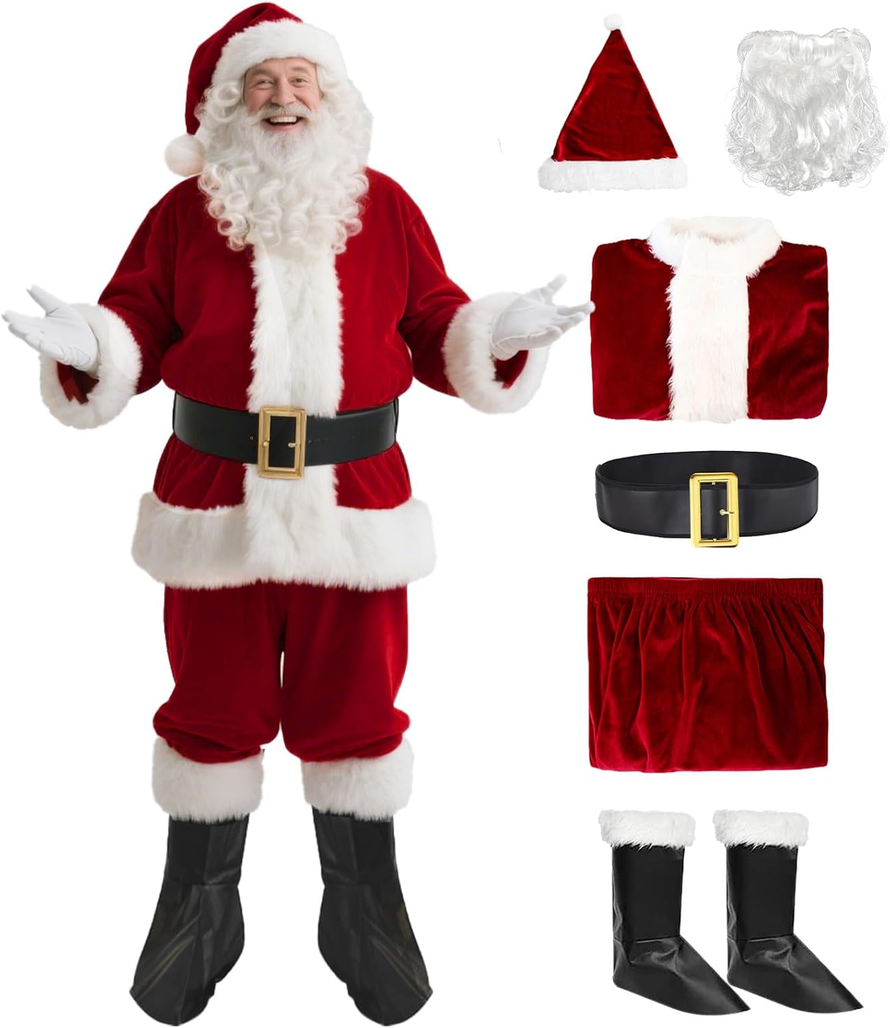 Santa Claus Costume for Men - 9 PCS Holiday Outfit Set