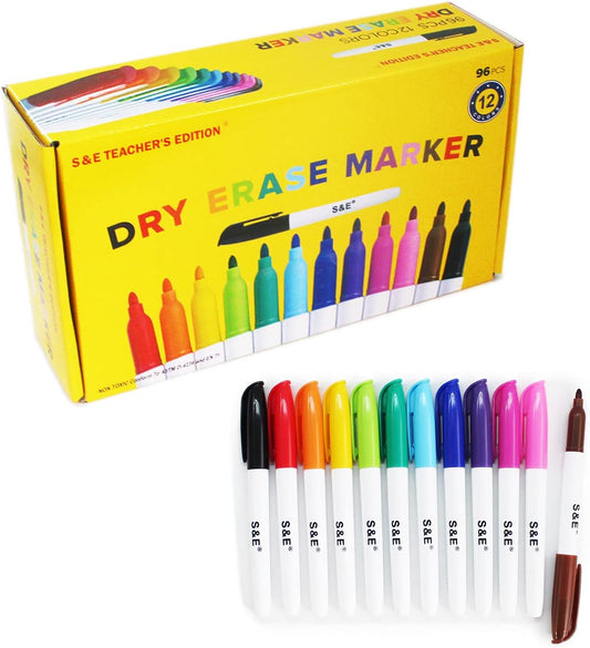 S & E TEACHER'S 96-pc Colored Dry Erase Markers -Low Odor Ink!