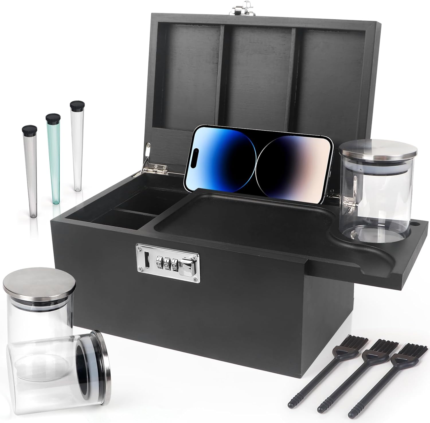 Large Black Bamboo Box with Combination Lock for Secure Storage