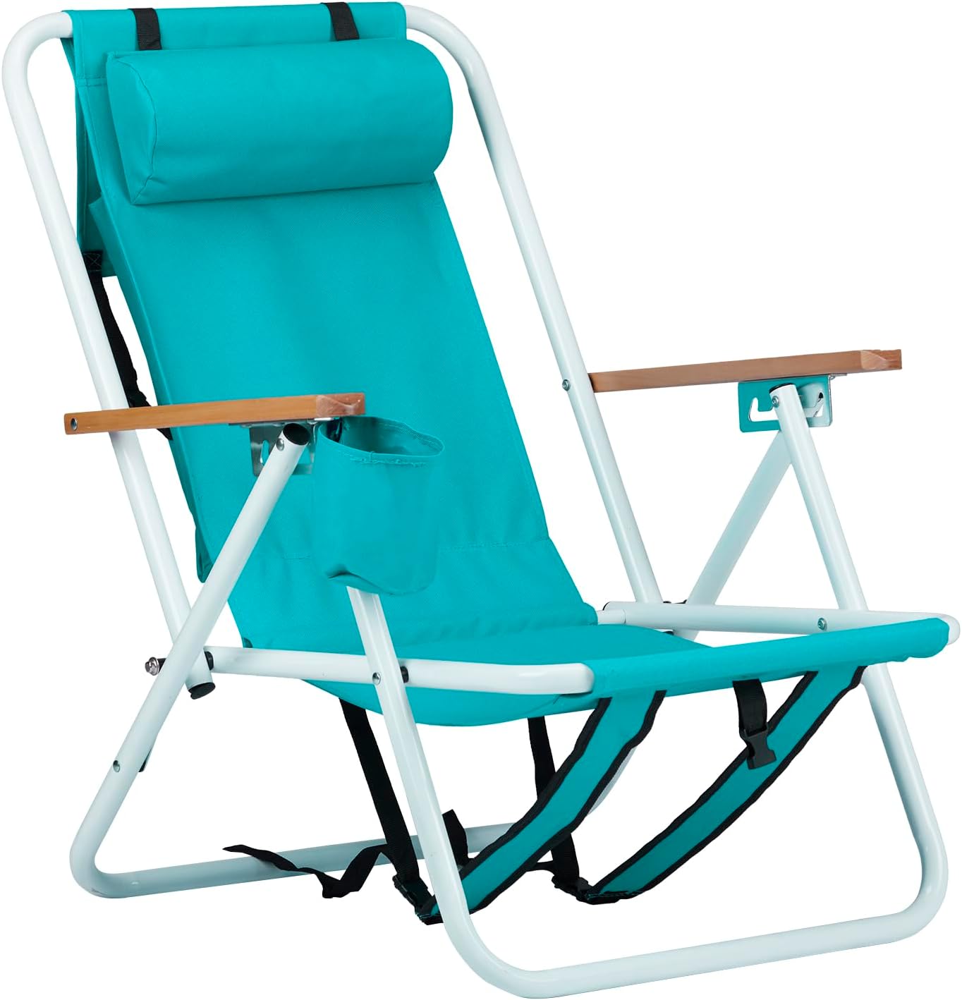 Portable Beach Chair with Wooden Armrests - Sky Blue