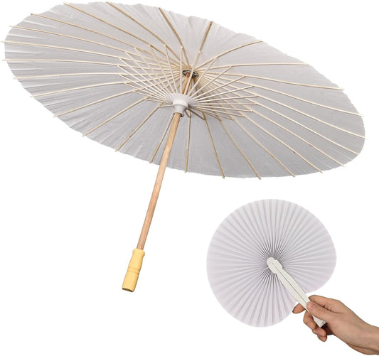 33 Inch White Paper Umbrella with Heart Fan for Weddings and Parties