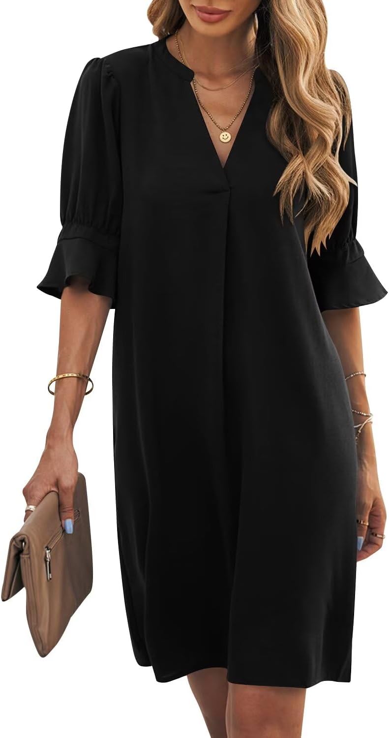 Wkior Shift Dress for Women V Neck Short Sleeves Casual Style