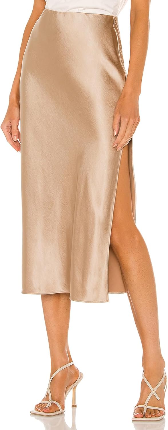 Womens Satin Silk High Waist Slit Midi Skirt for Every Occasion