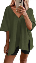 Womens Oversized V Neck Pajama Set with Biker Shorts - Reversible Top