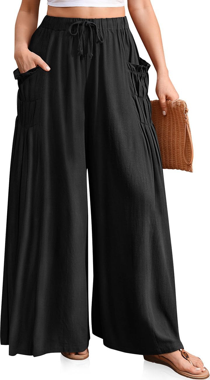 Linen Palazzo Pants for Women - Boho Wide Leg Casual Style