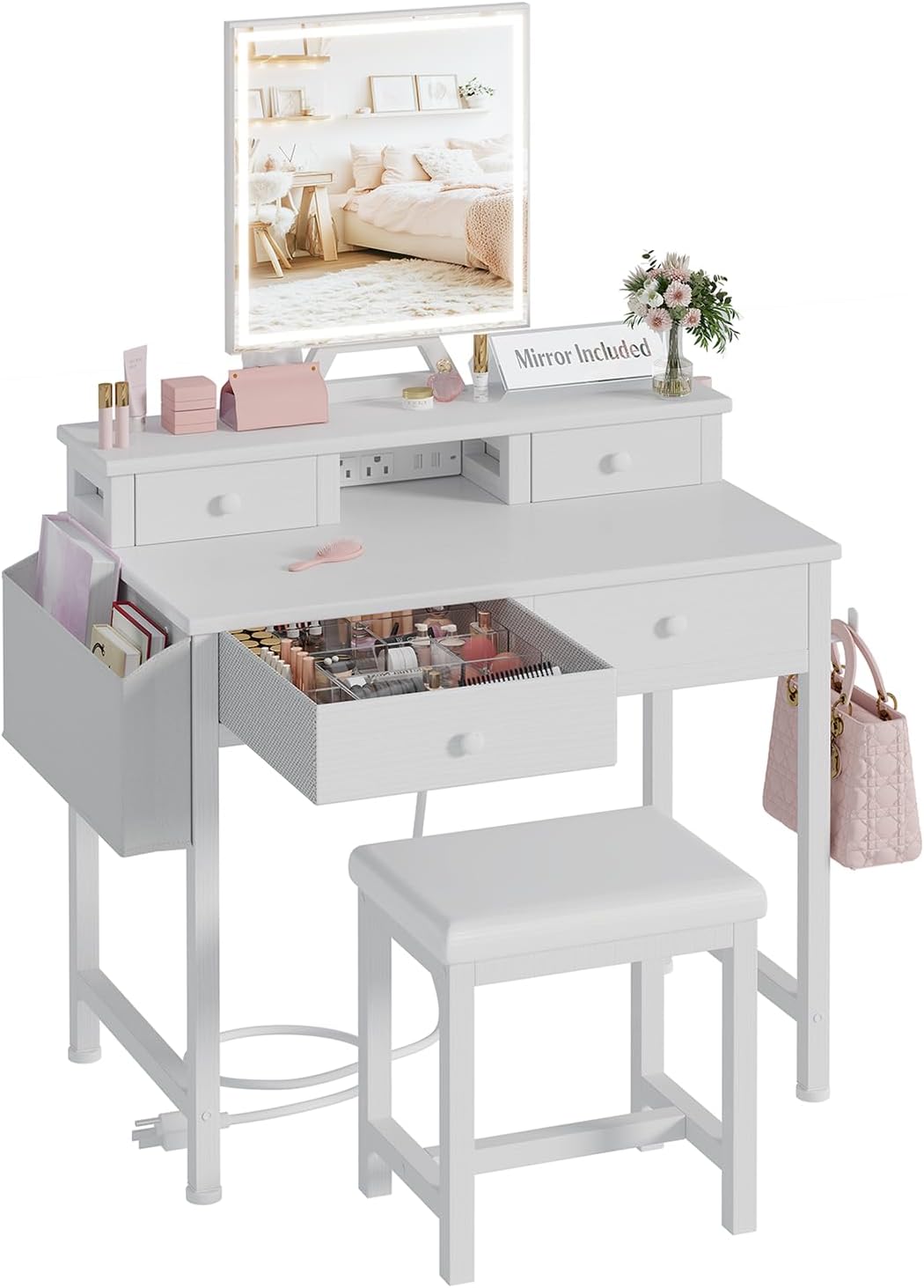 White Makeup Vanity Desk with Mirror and Lights for Small Spaces