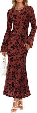 Long Sleeve Floral Bodycon Dress - Ruched Mesh Maxi Dress