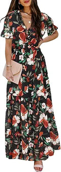 BLENCOT Women's Casual Boho Floral Printed Deep V Neck Dress - Flowy