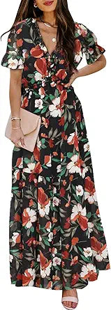 BLENCOT Women's Casual Boho Floral Printed Deep V Neck Dress
