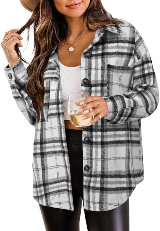 Women's Brushed Plaid Shirts Long Sleeve Flannel Shacket Jacket