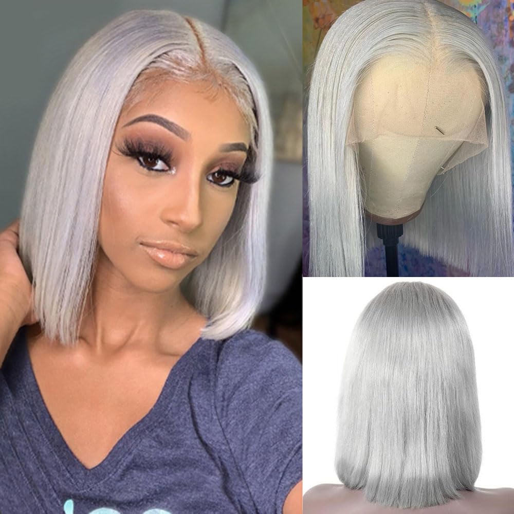 Grey Bob Wigs Human Hair 13x4 Lace Frontal 10Inch Silky Straight
