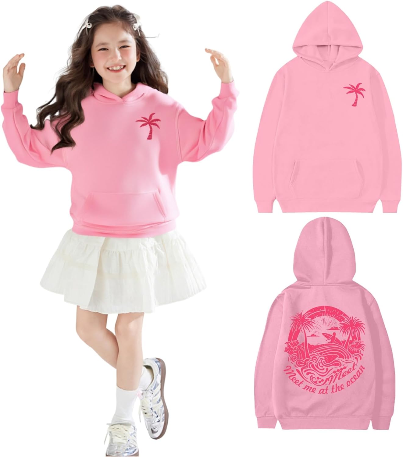 Ocean-Themed Pink Oversized Hoodie for Girls