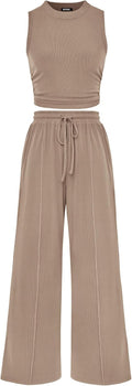 Women Summer 2 Piece Outfits Cropped Tank and Wide Leg Pants Set