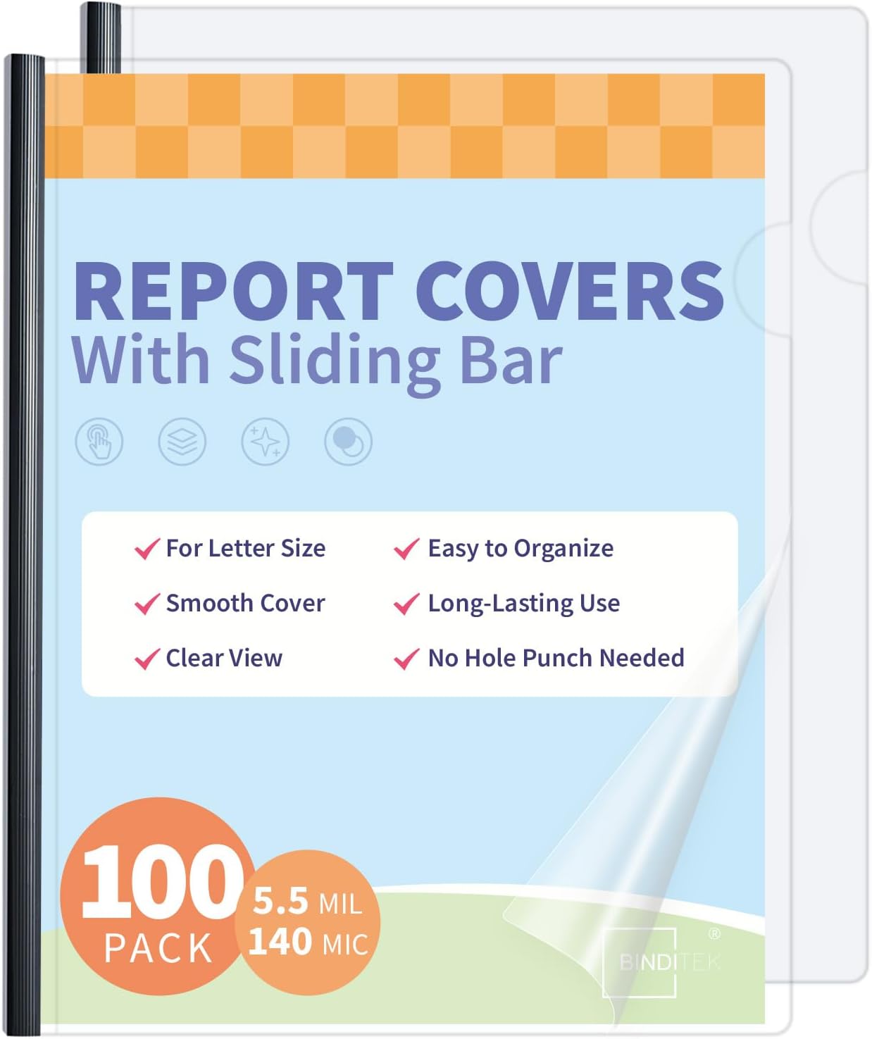 Binditek Clear Report Covers with Sliding Bars for Document Storage