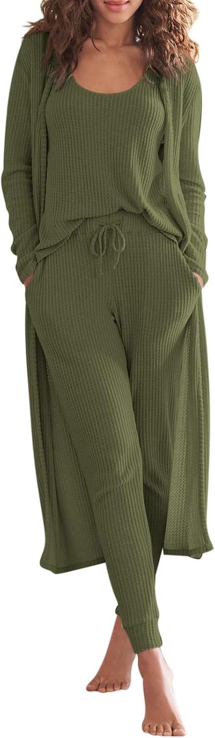 Eurivicy Womens Lounge Set Waffle Knit 3 Piece Pajama Set
