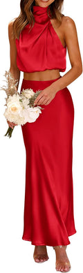 PRETTYGARDEN Satin Two Piece Skirt Set - Chic Summer Crop Top & Maxi