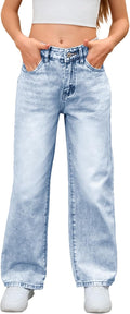 Girls High Waist Denim Pants Straight Leg Jeans with Pockets