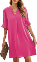 Womens V-Neck Ruffled Short Sleeve Dress - Lightweight Summer Shift