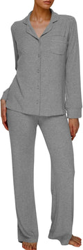 AnotherChill Women's Pajamas Set Long Sleeve Button Down Ribbed Knit