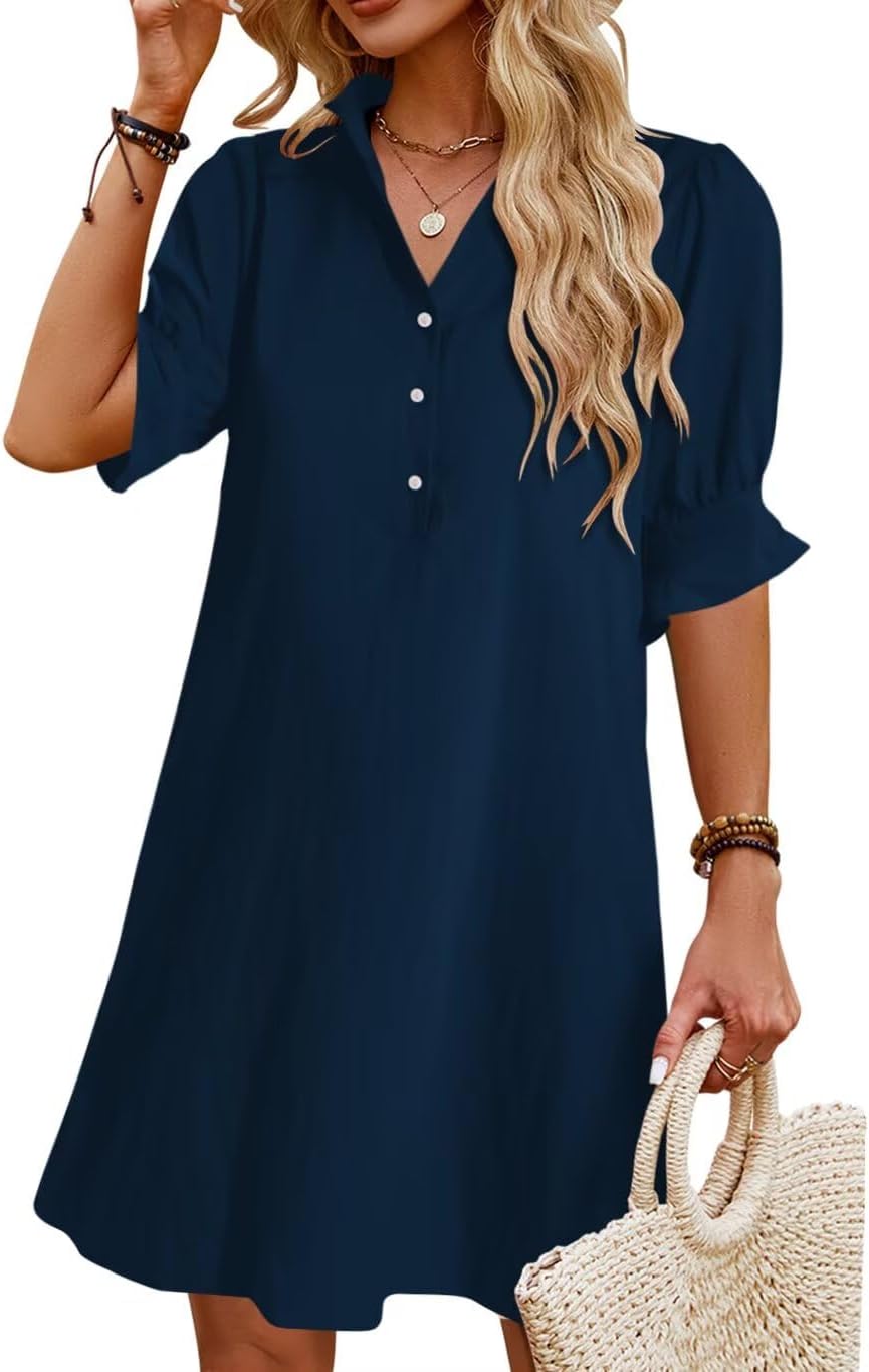 Womens Summer Shirt Dress with Ruffle Sleeves and Pockets