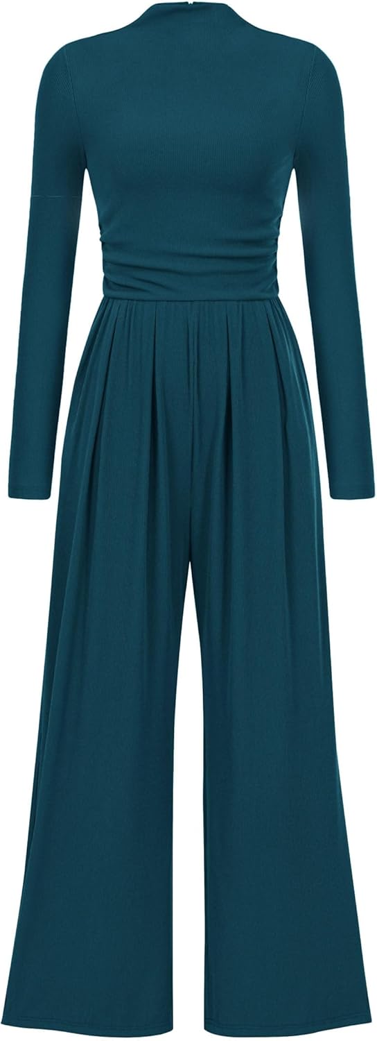 PRETTYGARDEN Long Sleeve Mock Neck Jumpsuit for Women Fashion