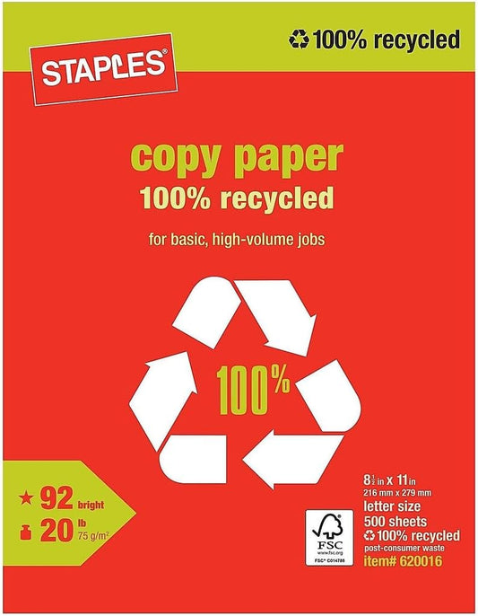 Staples 100% Recycled Bright White Paper: 500 Sheets