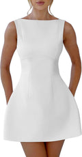 YMDUCH Women Sexy Sleeveless Crew Neck Backless A-line Mini Dress
