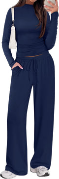 Two Piece Lounge Set for Women Mock Neck Ruched Top and Wide Leg Pants