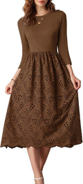 Womens Eyelet A-Line Midi Dress with Pockets - Flowy 3/4 Sleeves
