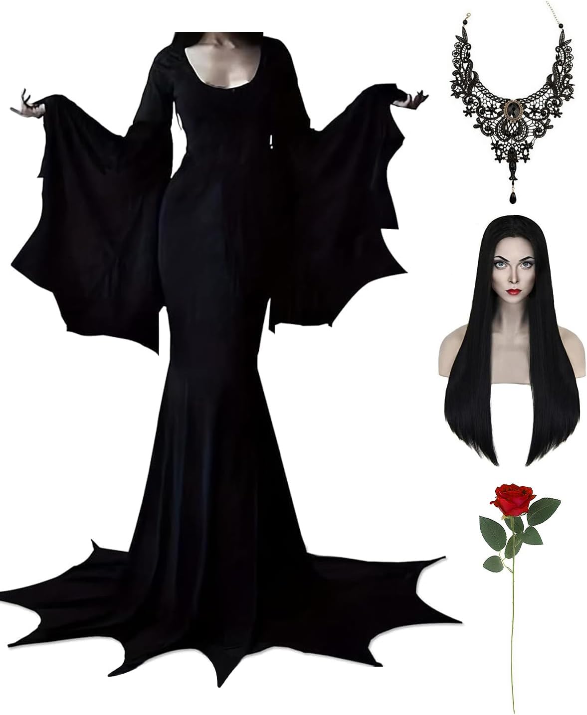 Morticia Addams Costume Set with Gothic Dress and Accessories