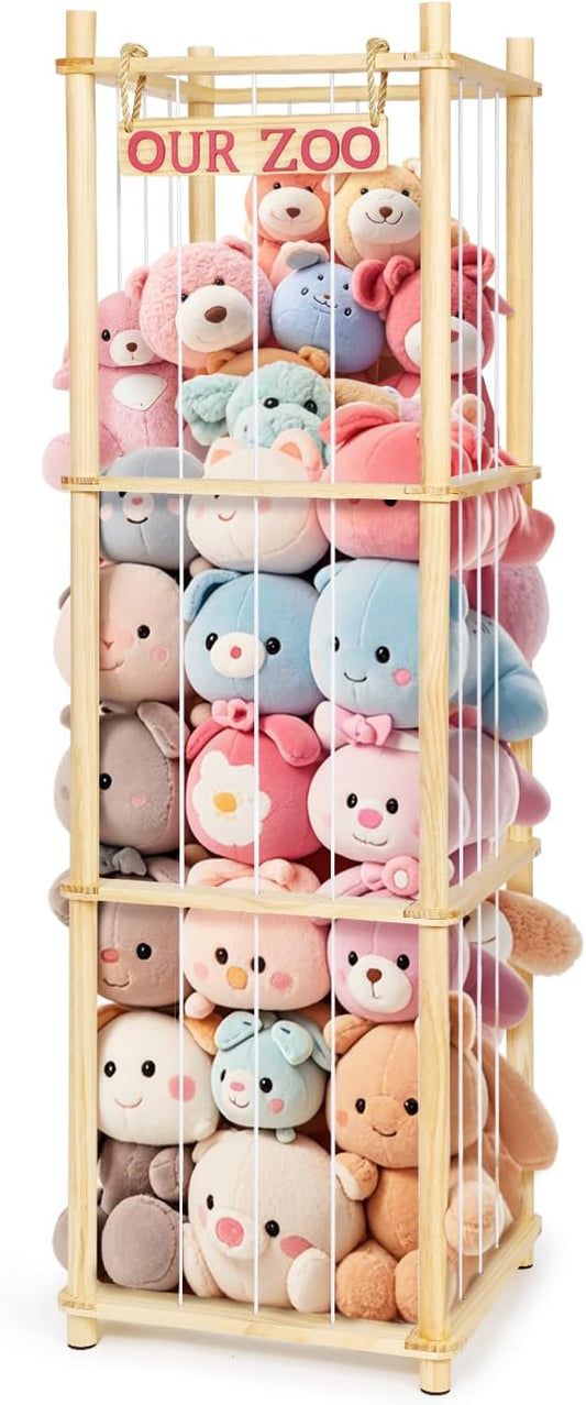 Stuffed Animal Storage Tall Natural Pine Wood Toy Organizer