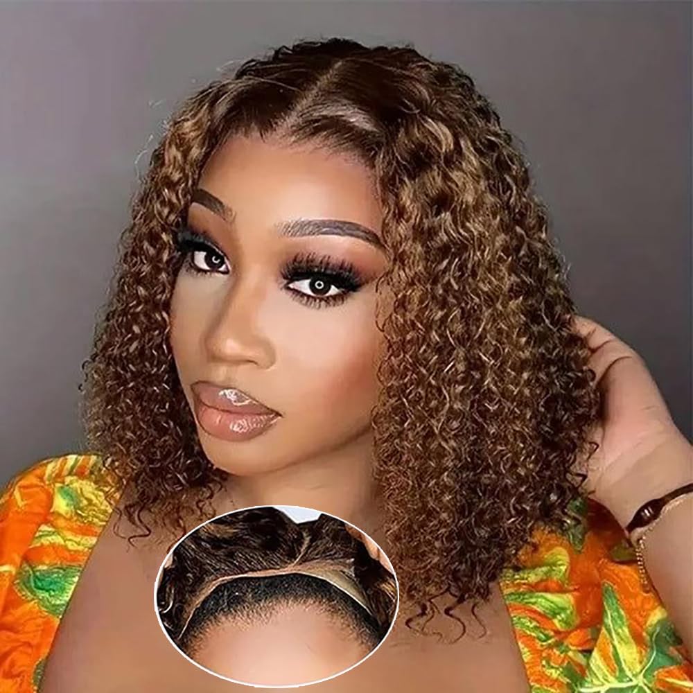 Glueless Wigs Human Hair Pre Plucked Curly Bob 14 Inch Style