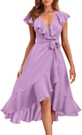 Women's Cross V Neck Ruffle Midi Dress - Flowy Tie Waist