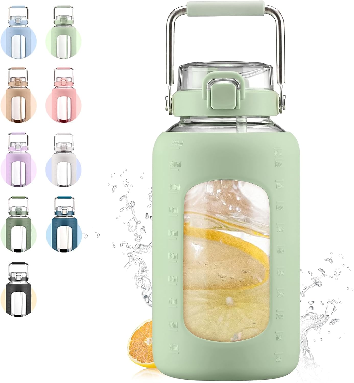 84oz Glass Water Bottle with Stainless Steel Handle for Gym