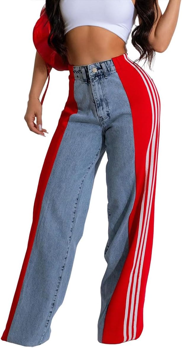 High Waisted Wide Leg Patchwork Stripes Stretchy Jeans for Women