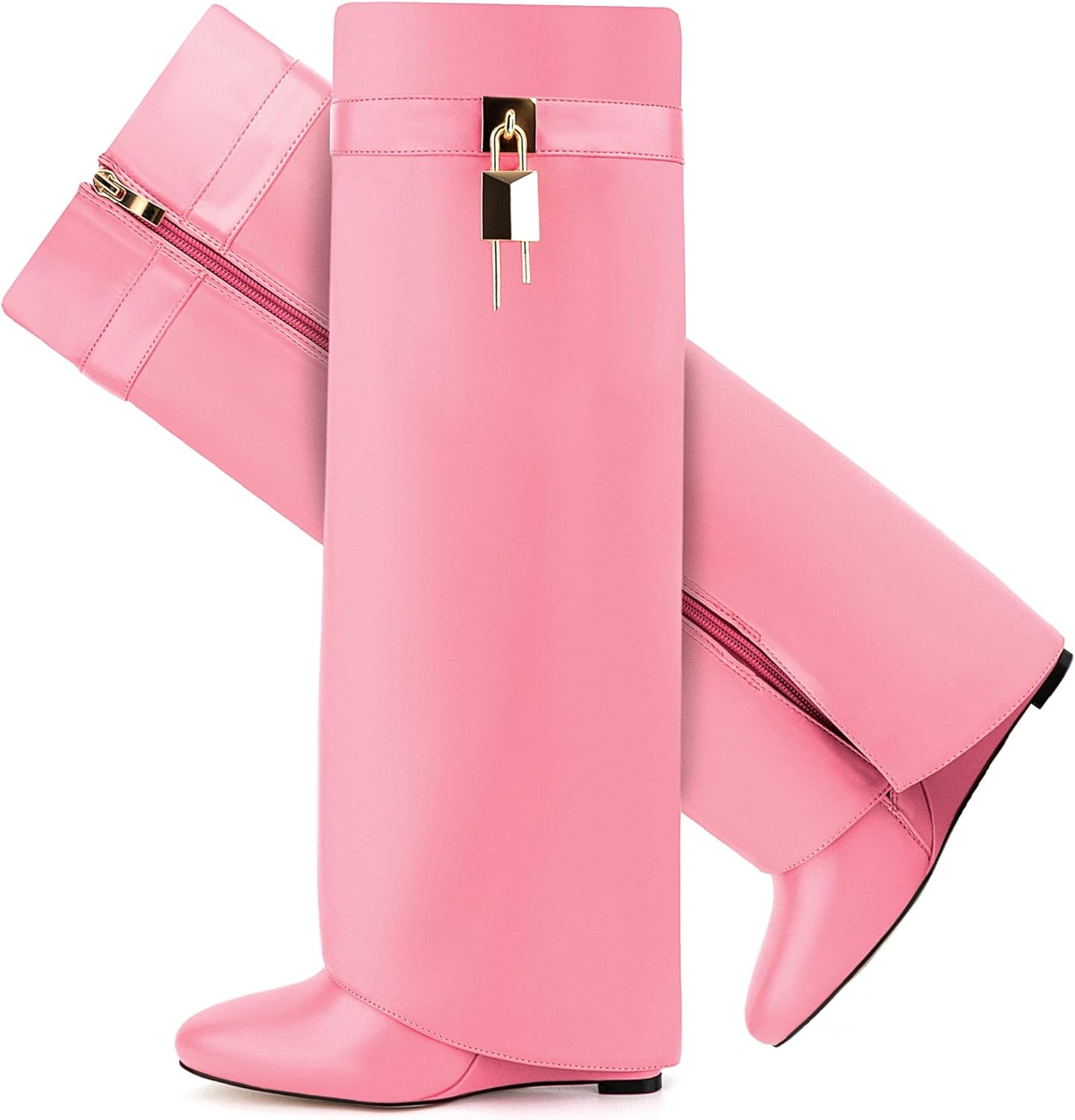 Fold Over Boots for Women Pointy Pull-on Wedge Heel Knee Shark Boot