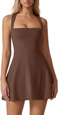 QINSEN Womens Square Neck Tennis Dress Sleeveless Athletic Dress