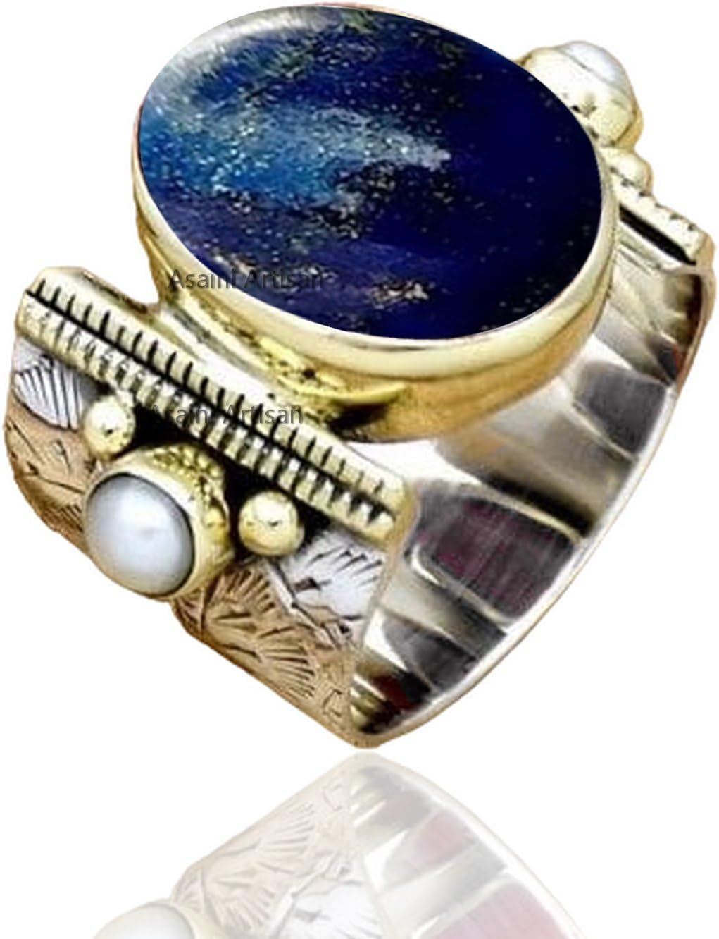 10x14MM Oval Gemstone Sterling Silver Ring with Pearl Accents