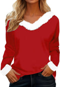 Merry Christmas Sweatshirts Women Faux Fur Trim V Neck Sweaters - Cozy