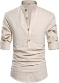 Men Henley Neck Long Sleeve Linen Shirts - Lightweight Everyday Style