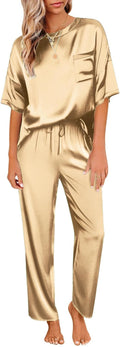 Satin Silky Pajama Set Short Sleeve Top with Long Pants - Soft